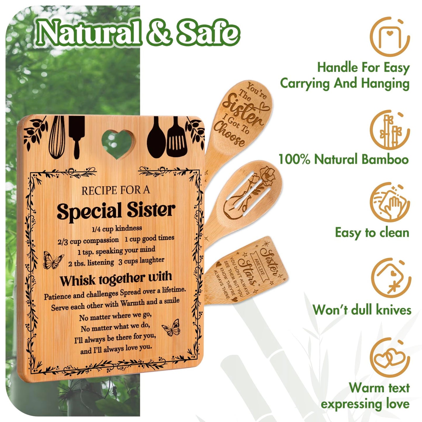 Sister Birthday Gifts - "Recipe for a Special Sister" Sister Gifts from Sister Cutting Board Set, Bamboo-Made Engraved Utensil Set Sister Gifts from Sister, Mothers Day Gifts for Sister