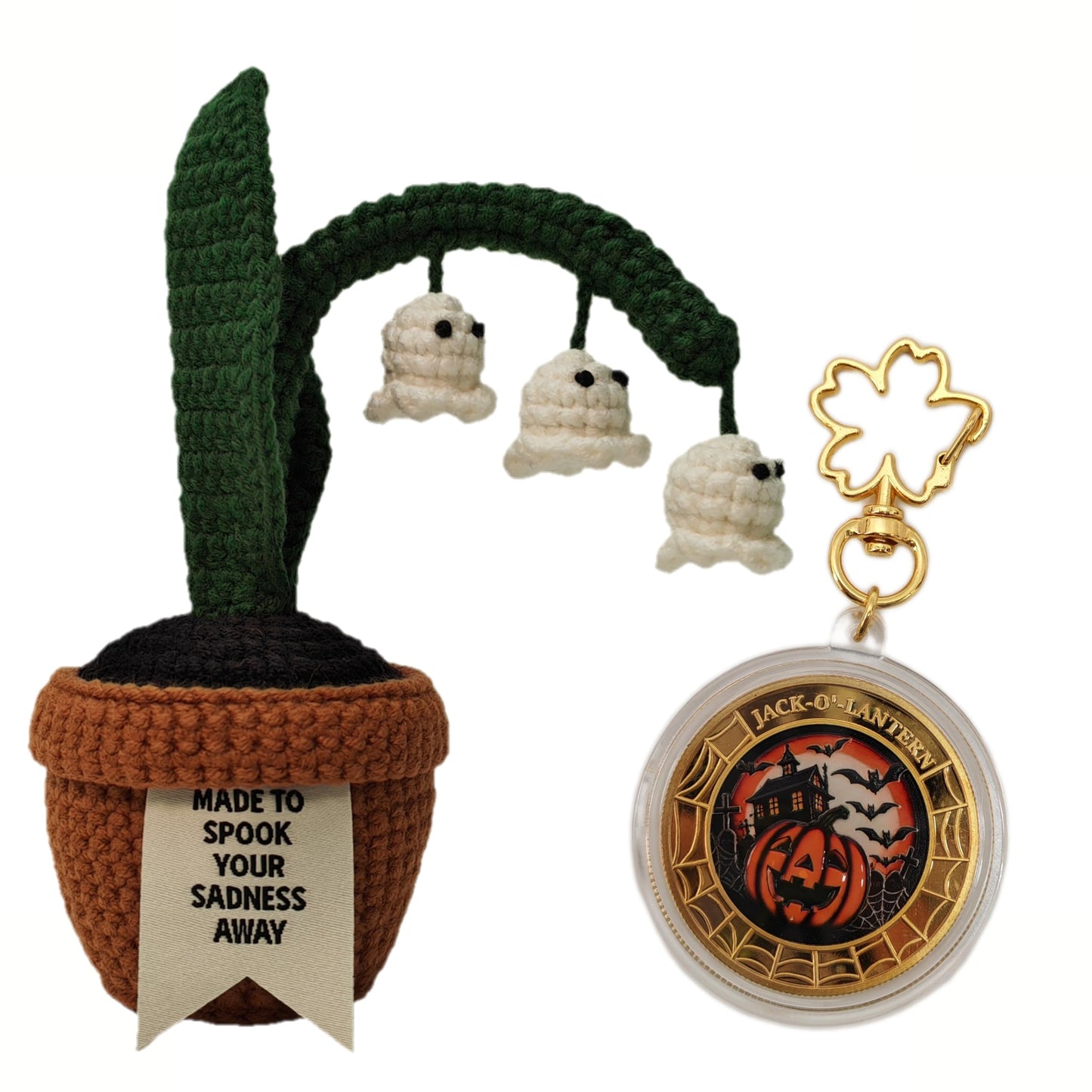 Acecare Halloween Crochet Ghost Lily of The Valley in Pot | Handmade Amigurumi Creepy Plant Decoration | Spooky Table Ornament, Trick or Treat Gift with Pumpkin Commemorative Coin