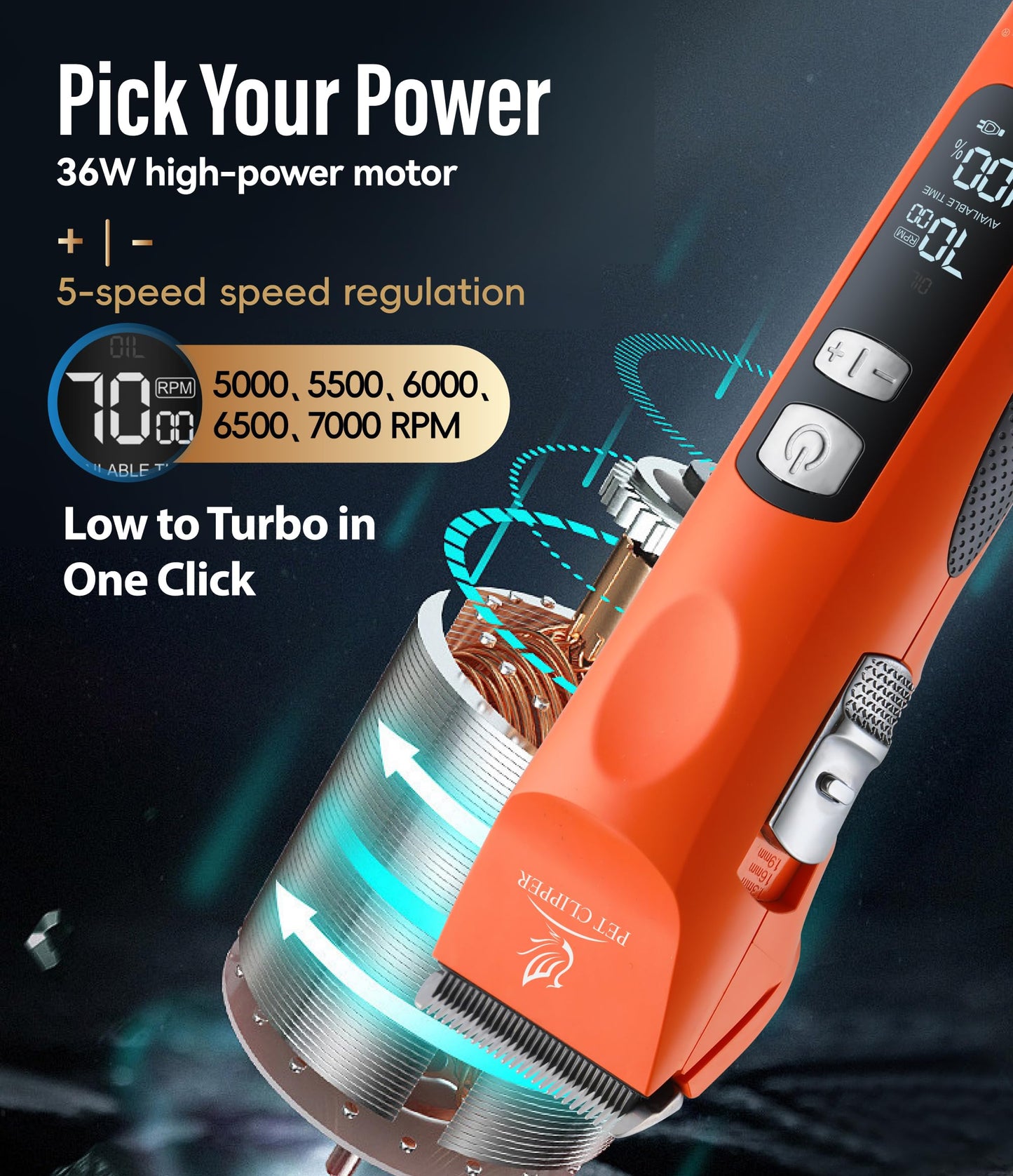 Professional Dog Grooming Clippers with 17H Runtime & Replaceable 440C Blade, 5-Speed Low Noise Electric Dog Shaver for Thick, Matted, Curly Hair, Cordless Clipper for Groomer & Home Use, Orange