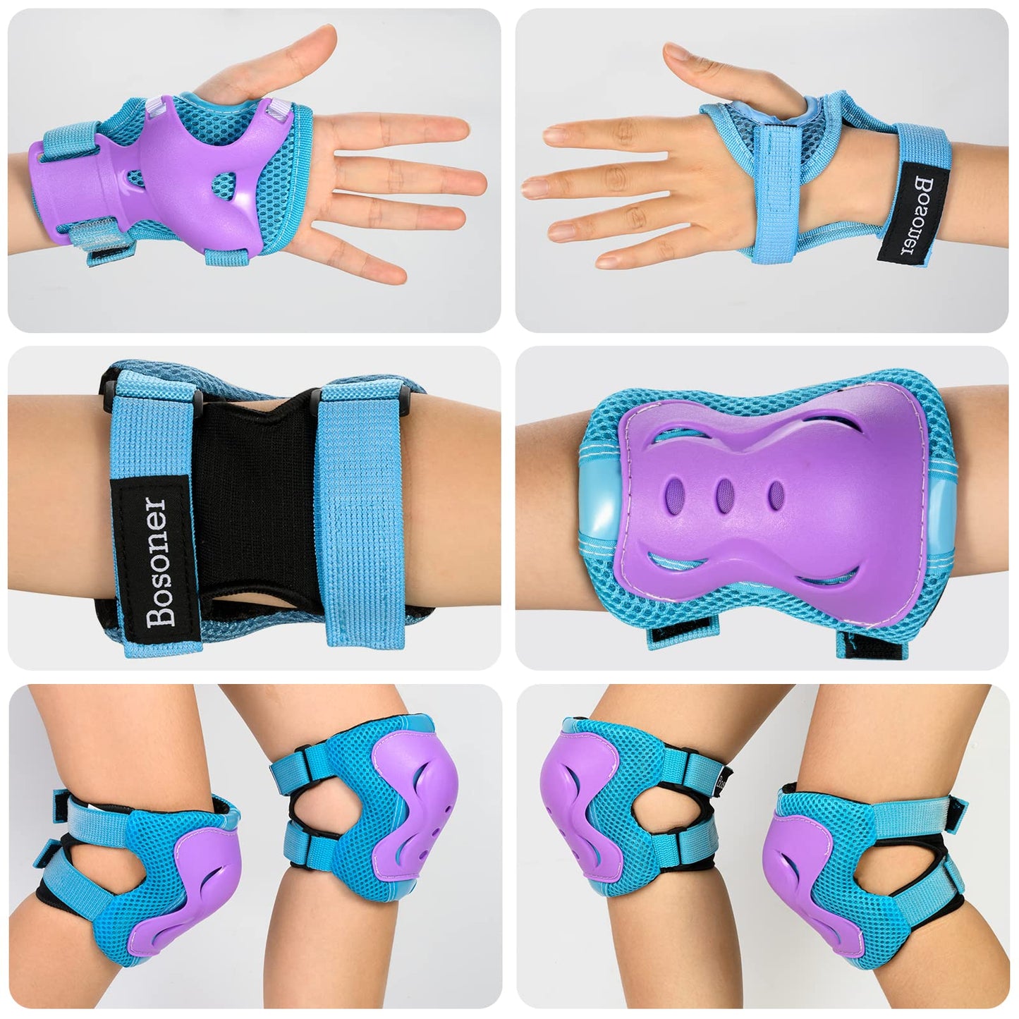 BOSONER Knee Pads for Kids Roller-Skating - Adjustable Protective Gear Set Knee Elbow Pads Wrist Guards for Bike Cycling Skateboarding Scooter Gifts 3-8/9-15 Years Boys Girls (Blue Purple)