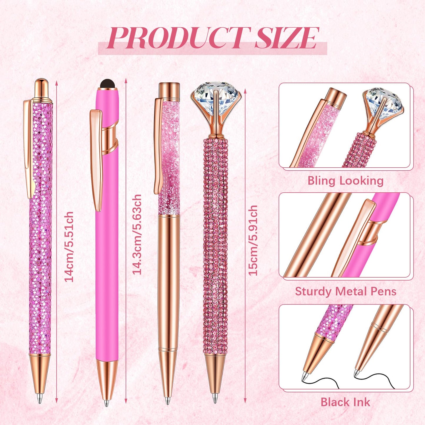 Sabary 8 Pcs Shiny Pink Pens with Pen Holder for Desk Glitter Crystal Diamond Cute Ballpoint Fancy Pencil Holder Bling Desk Organizer for Women Girls School Office Supplies Wedding Graduation Gifts