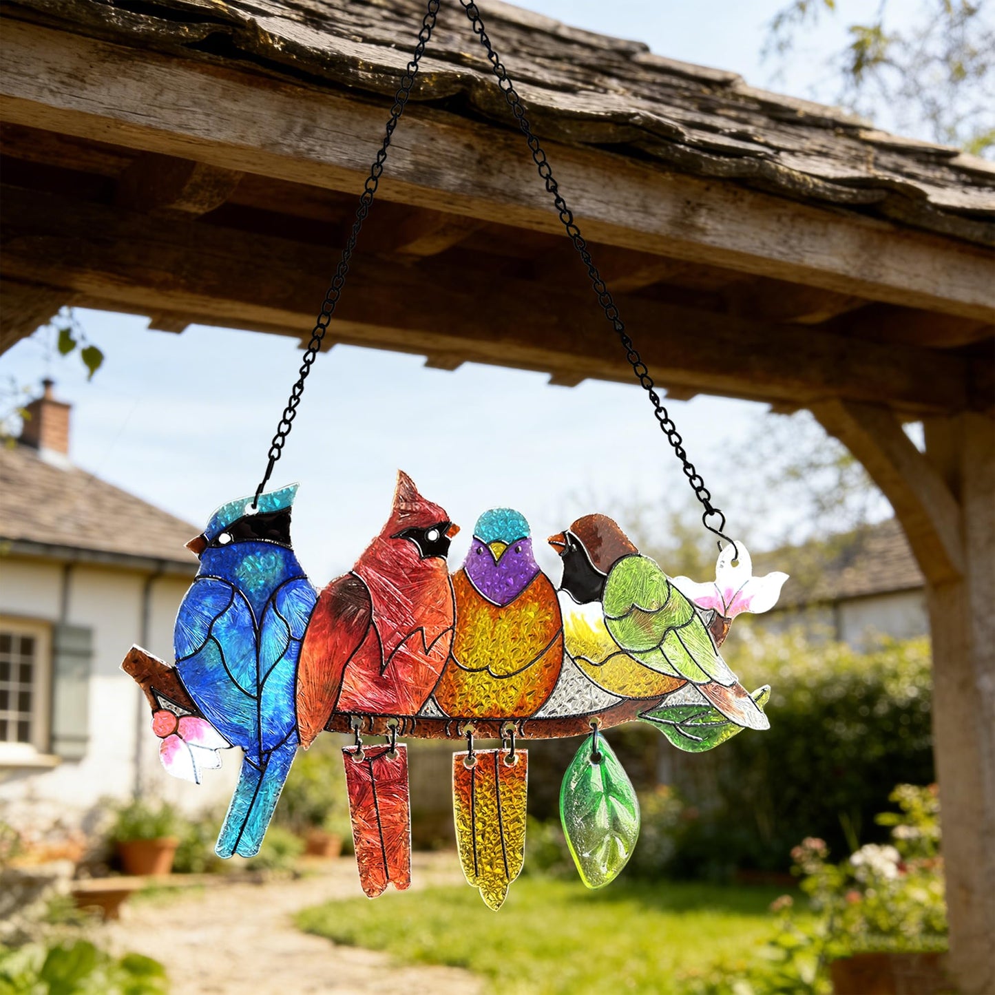 DASTOLL Stained Glass Window Hanging - Hummingbird on Branch Suncatcher Hand-Painted Double Side Stain Glass Cardinal Gifts Sun Catcher for Windows Doors Room Outdoor Home Decoration