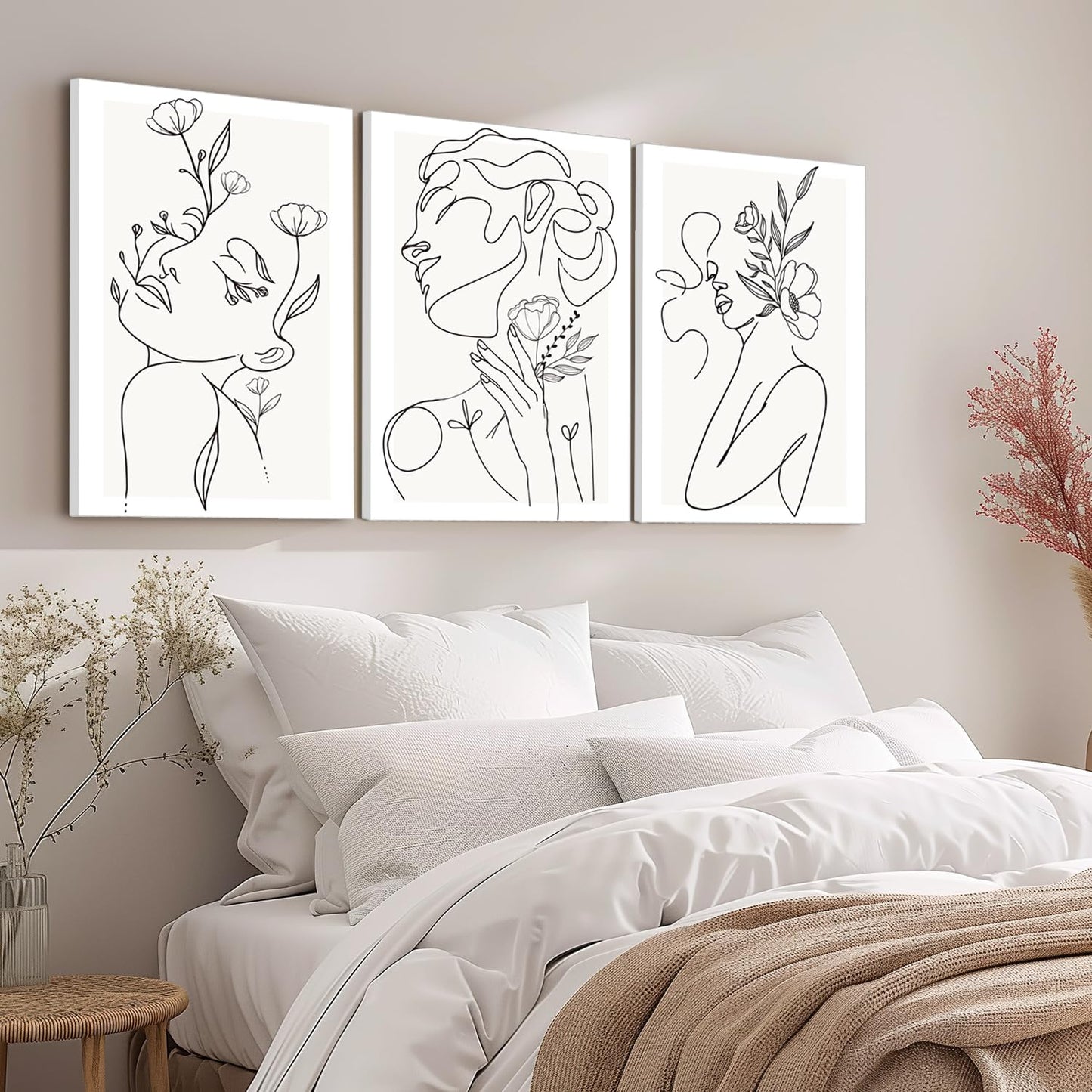 yulihaz Minimalist Woman Flower Line Wall Art Set of 3 Neutral Modern Abstract Black and White Girl Canvas Painting Poster Prints Picture Wall Decor for Bedroom Living Room Framed 12x16 inch