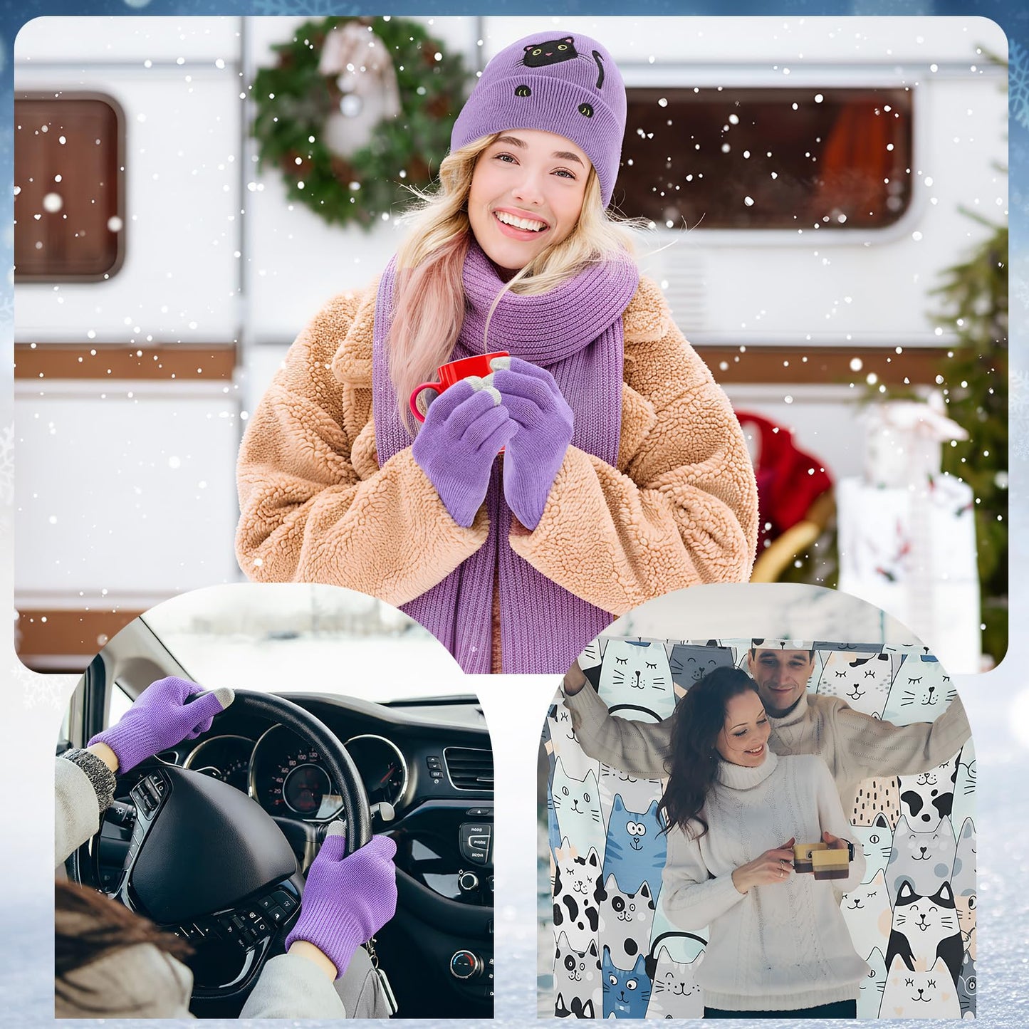 Mepase 6 Pcs Winter Cat Gifts Set for Women Birthday Include Cat Beanie, Scarf, Touchscreen Gloves, Flannel Throw Blanket Makeup Pouch and Transparent Zip Tote Purple Knit Valentine Gift Accessories