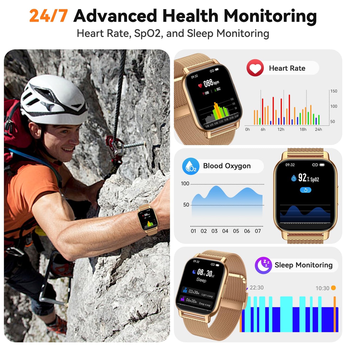 Kriutefy Smart Watch for Women (3 Bands), Fitness Tracker with Bluetooth Calls, IPX8 Waterproof Smartwatch for Android iPhone, 112+ Sport Modes, Heart Rate/Sleep/SpO2 Monitor, Gold