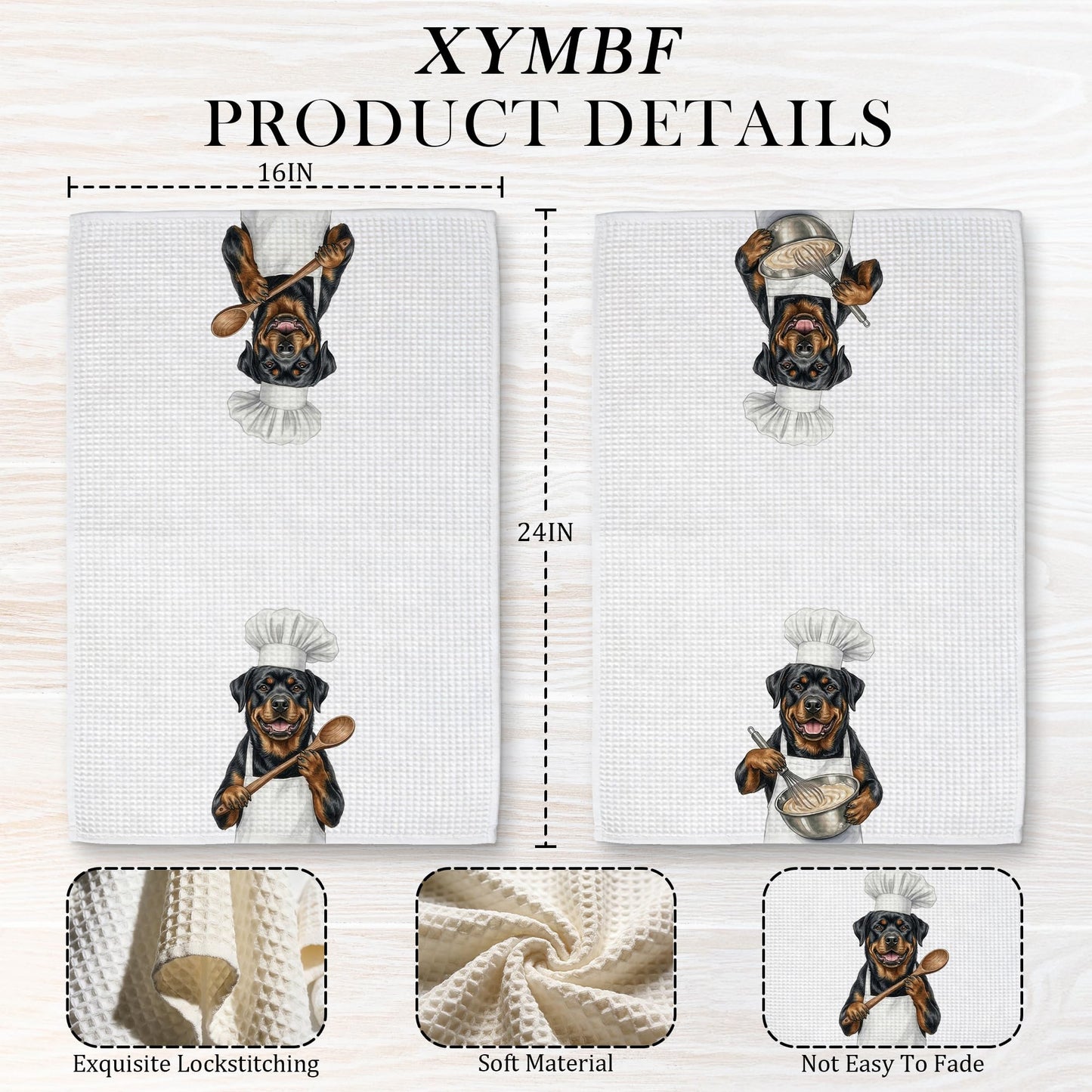 XYMBF Rottweiler Gifts Kitchen Towels, Rottweiler Gifts Dish Tea Towel, Puppy Chef Dog Lover Gift Decorative Hand Tea Towels for Kitchen Decor, 16X24 Inch Set of 2