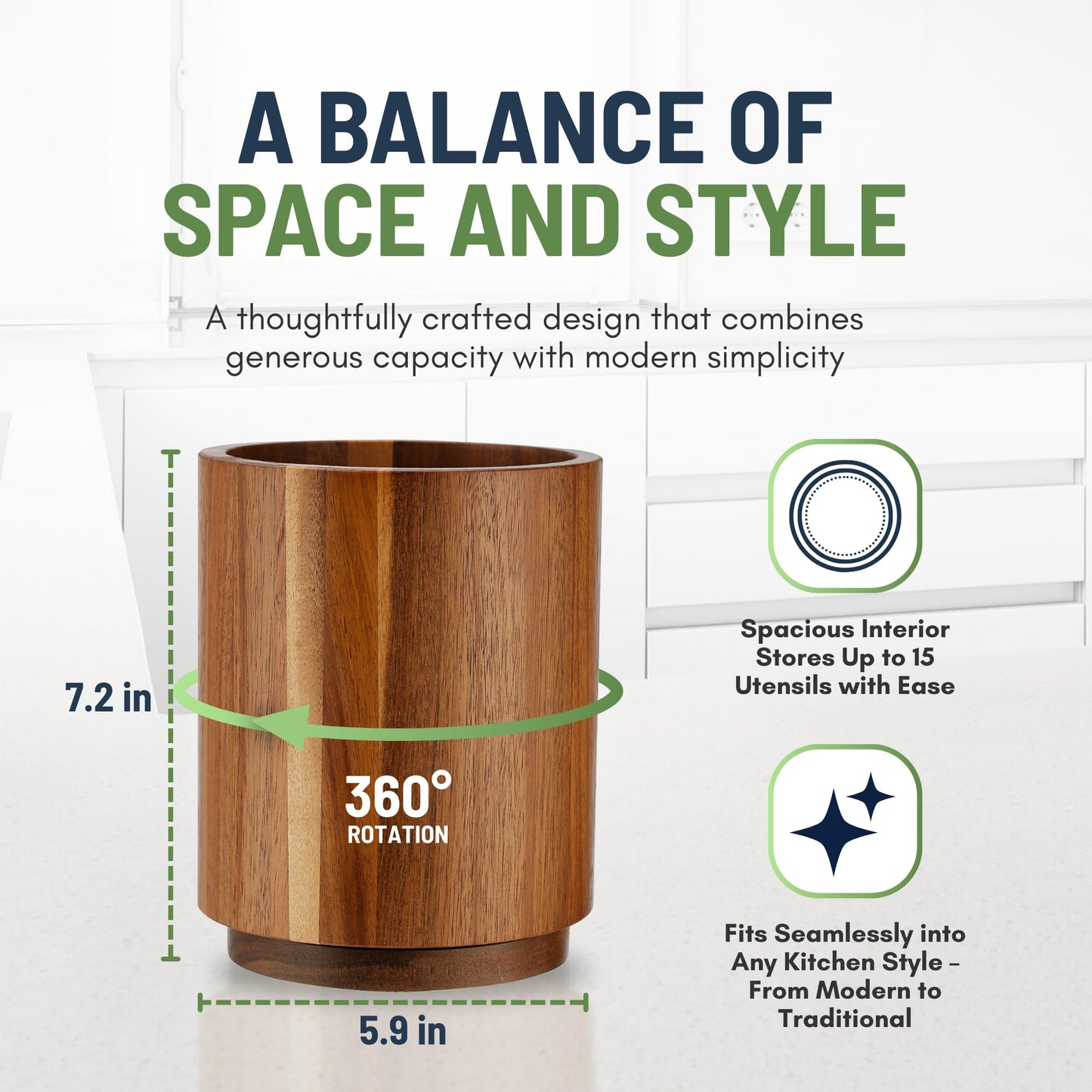 Linda's Essentials Acacia Wooden Utensil Holder for Kitchen Counter, 7.2" Wood Utensil Holder Counter, Kitchen Utensils Holder with 360° Rotation, Non-Slip Large Utensils Holders, Spatula Holders