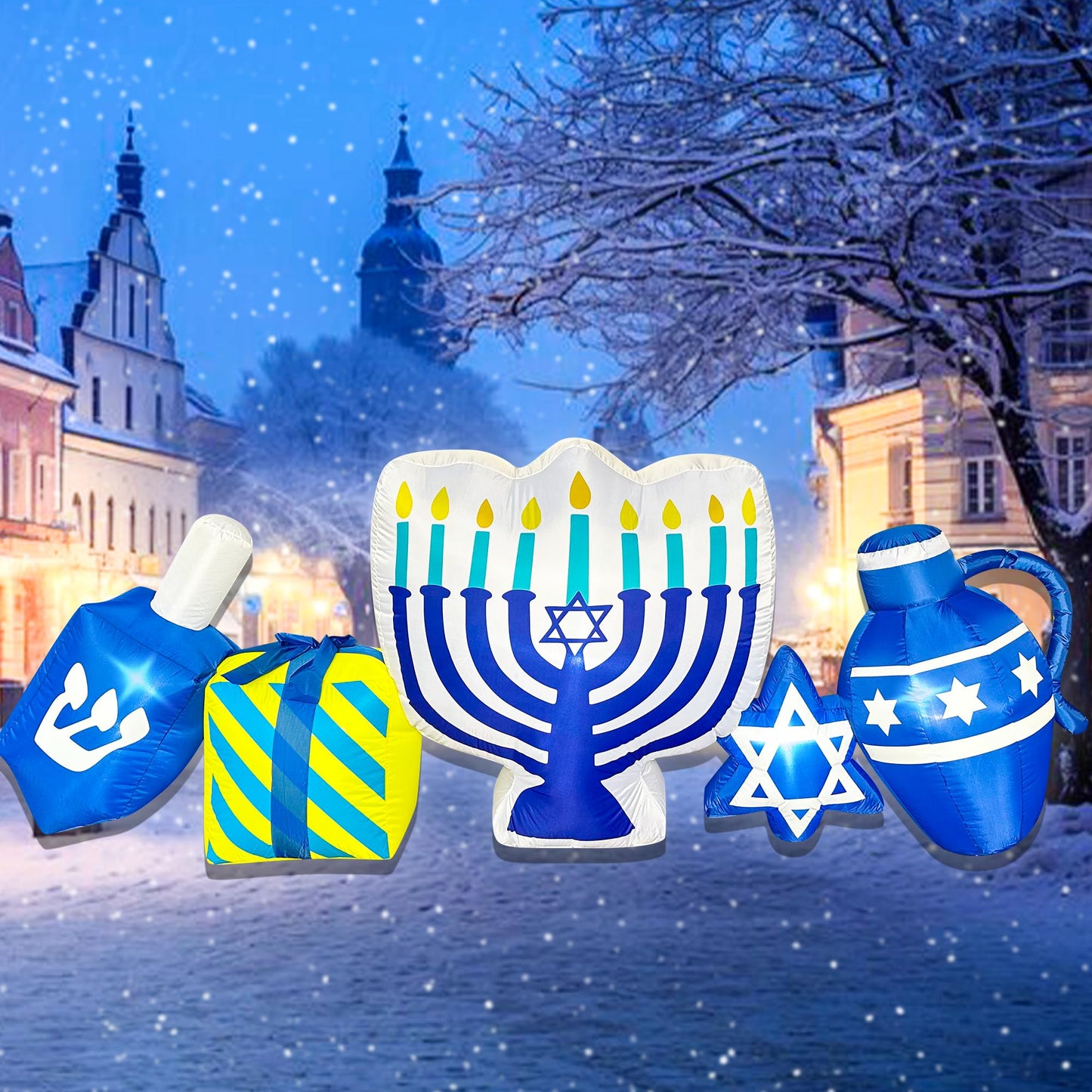 BLOWOUT FUN 8FT Hanukkah Inflatables Menorah Dreidel Gift Box Star Combo Built-in LED Lights Chanukkah Inflatable Decor Hanukkah Blow Up Decorations Outdoor Indoor Yard Garden Lawn Home Party