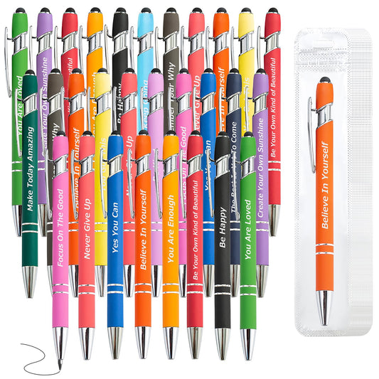 LUAVIARU 40 Piece Inspirational Pens Kit with Stylus Tip & Sayings – 20 Motivational Pen + 20 Individual Bags – Uplifting Quote & Positive Ideas – For Teachers, Office, School, Meetings, Team Events