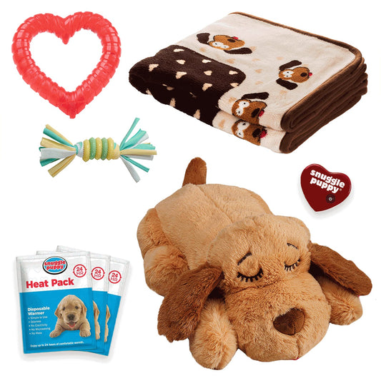 SmartPetLove Original Snuggle Puppy Essentials Starter Kit - Heartbeat Puppy for Dogs - Calming Aid with 3 Heat Packs, Puppy Teething Toy, Dog Chew Toy and Dog Blanket