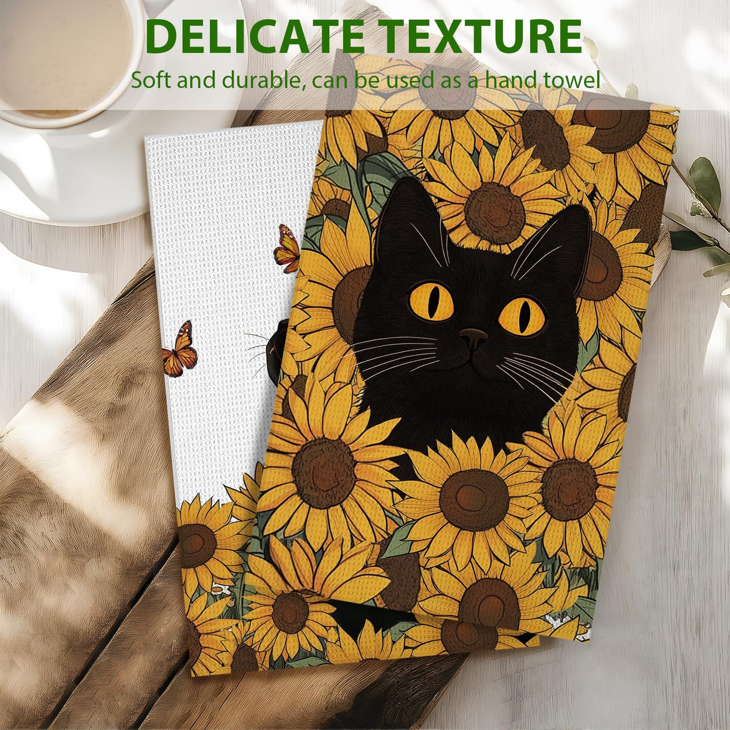 PIUFAM Black Cat Kitchen Towels, Cat Lover Gifts for Women, Floral Hand Towels for Bathroom, Decorations for Home Birthday Party, Waffle Dish Towels Gifts for Christmas Thanksgiving 26x17in, 2 Pack