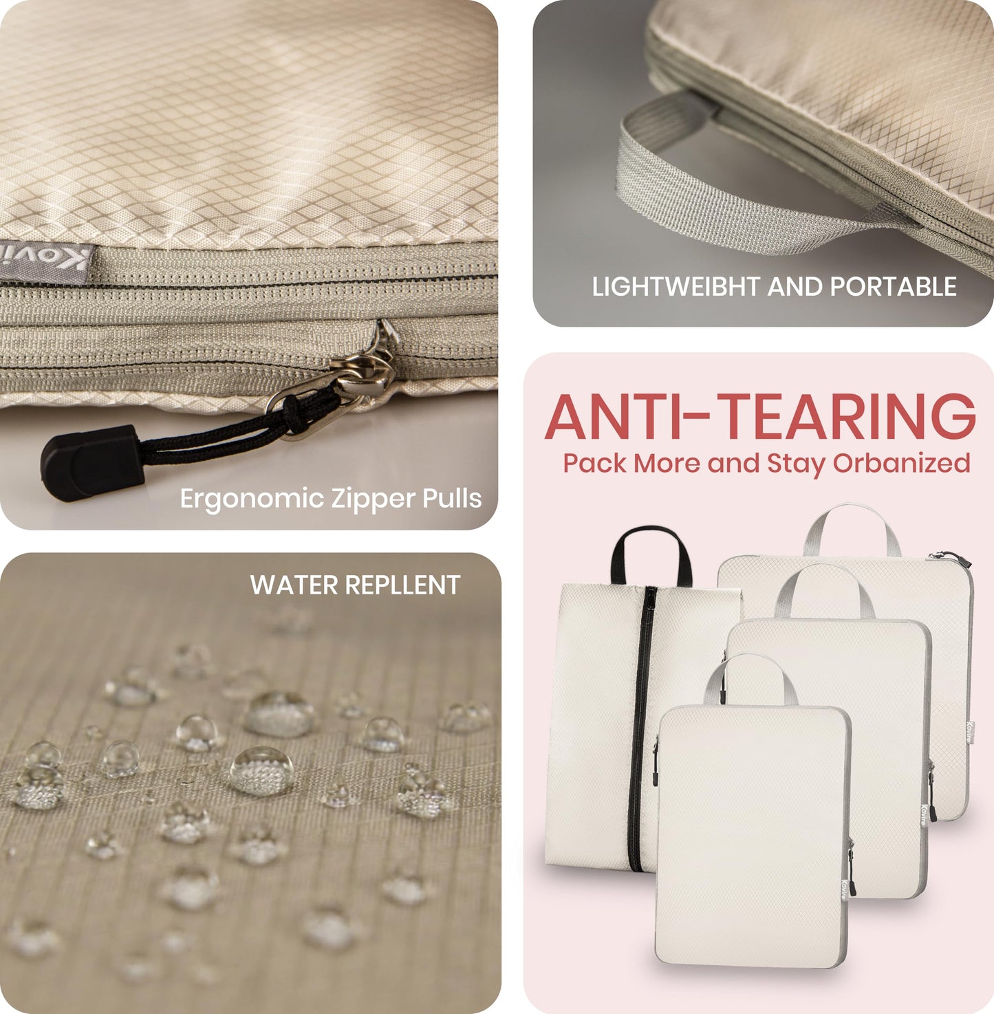 Kovire Compression Packing Cubes for Travel, Set of 4 Expandable Luggage Organizers with Shoe Bag, Lightweight Water-Resistant Suitcase Essentials for Carry-on & Checked Luggage, Cream