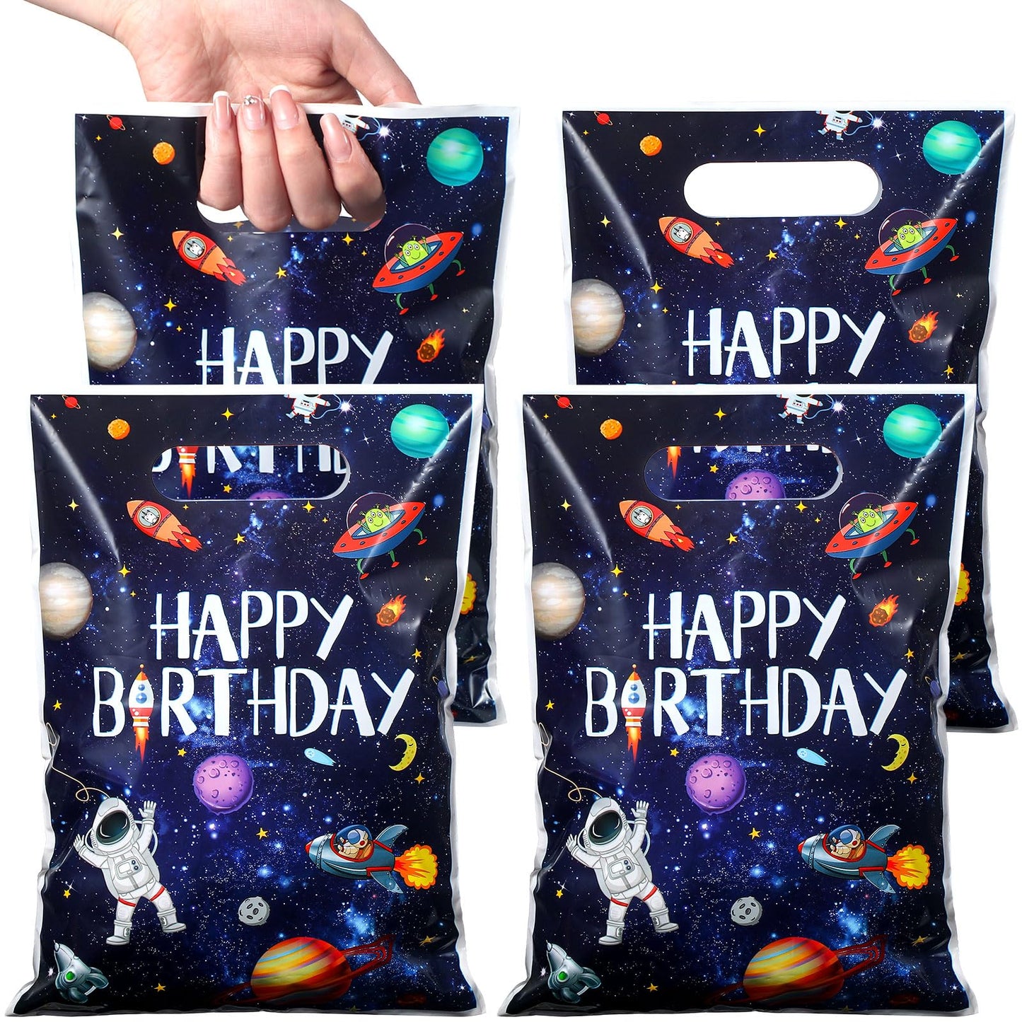 Bokon 50 Pcs Outer Space Birthday Bag Bulk Planet Galaxy Plastic Gift Bags with Handle Astronaut Solar System Party Favor Candy Bags for Kids Birthday Space Theme Party Bags Supplies