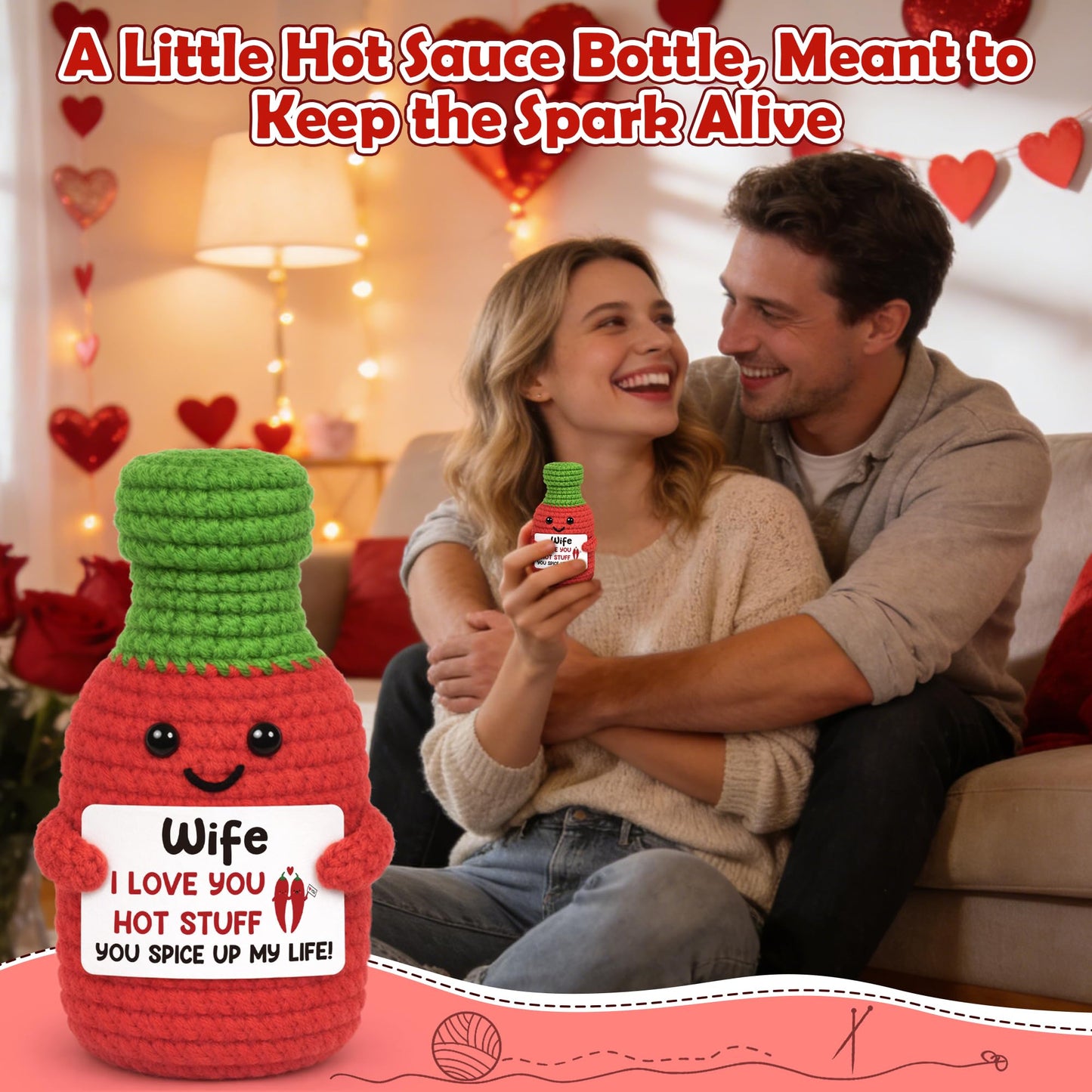 Wife Birthday Gifts for Women Anniversary Romantic Gift for Her from Husband, Mothers Day Sweet Gifts for Wife I Love You Wedding Wife's Persent Funny Handmade Crochet Hot Sauce Gift for Couple Her