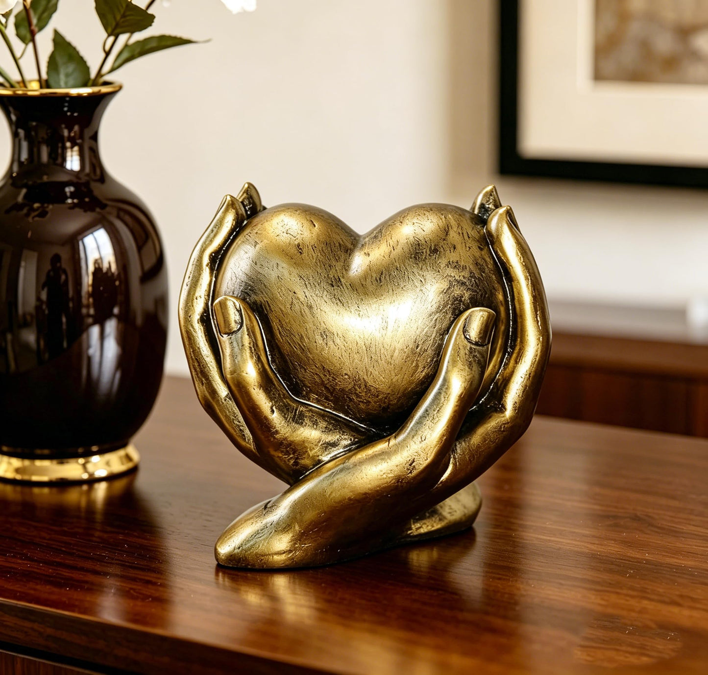 Gold Heart Hands Sculpture Boho Home Decor Accents Living Room Decor, Aesthetic Shelf Decoration, Ideal for Coffee Table, Shelves, Home, Bedroom, Birthday, Wedding Table Decor, and Symbol of Love