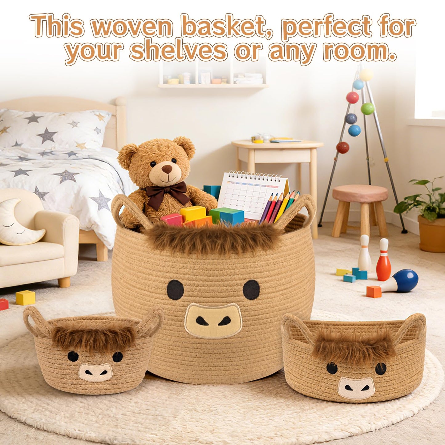 Hkojewp 3Pack Highland Cute Cow Storage Baskets Set for Nursery- Small, Oval, Large Woven Gift Basket, Rope Cotton Bins with Handles, Baby Laundry 0rganizer Shower Towel Blanket Clothes (9/12/15In)