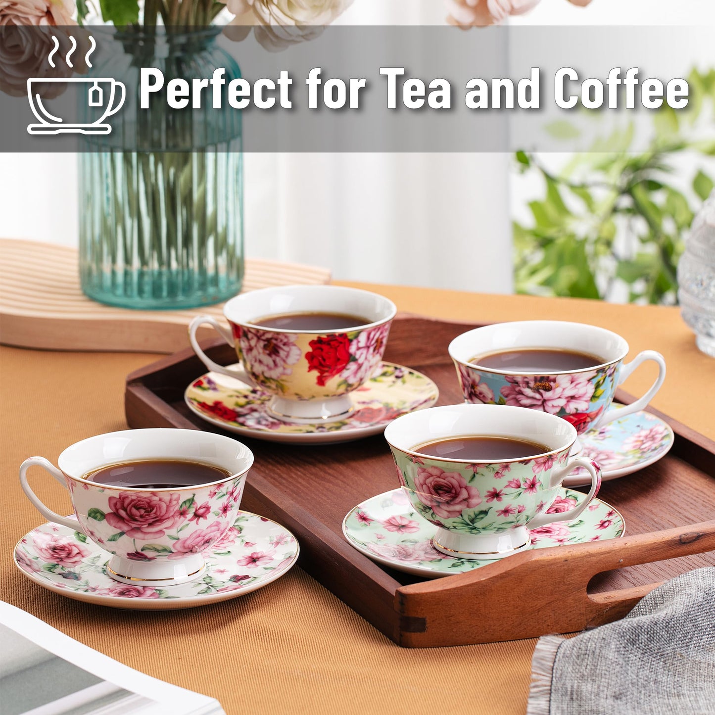 BTaT- Floral Tea Cups and Saucers Set of 4 (8 oz), Porcelain Tea Cup Sets with Gold Trim & Gift Box, Dishwasher & Freezer Safe, Mothers Day Gift