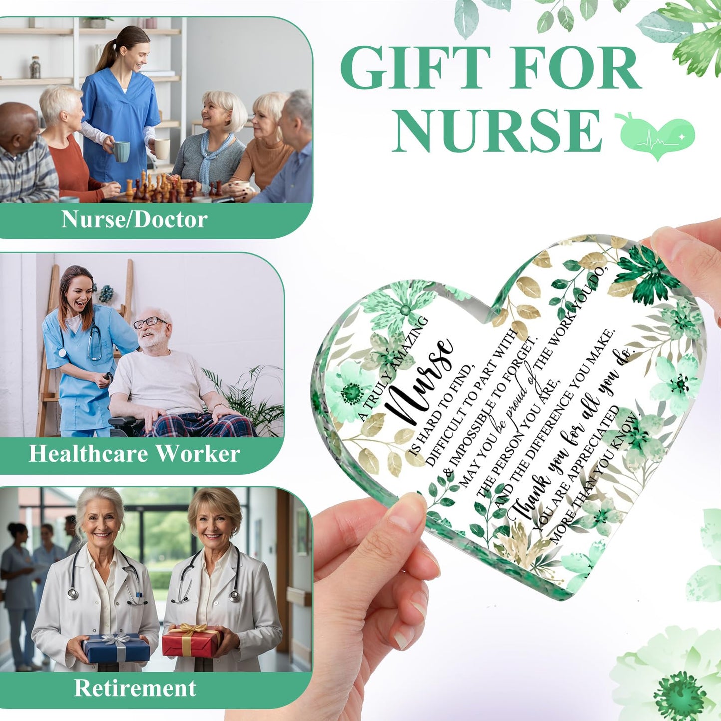 Kathfly Nurse Appreciation Gift for Women, Floral Inspirational Acrylic Sign Prize Thank You Nurse Week for Graduation, Hospital Practitioner Gift for Women Teacher Table Desk Decor(Heart,Green)