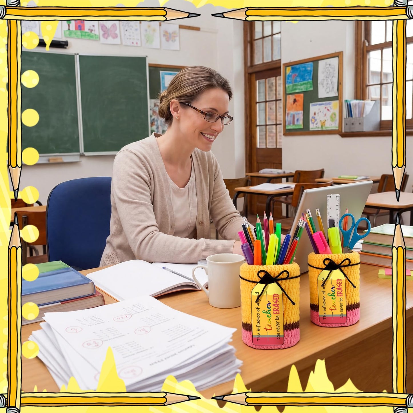 Rivvlive 6 Set Crochet Teacher Appreciation Gift Pencil Holder with Positive Card Classroom Desk Stationery Storage Organizer Thank You Gifts for Teachers Educator Staff Office School Supplies