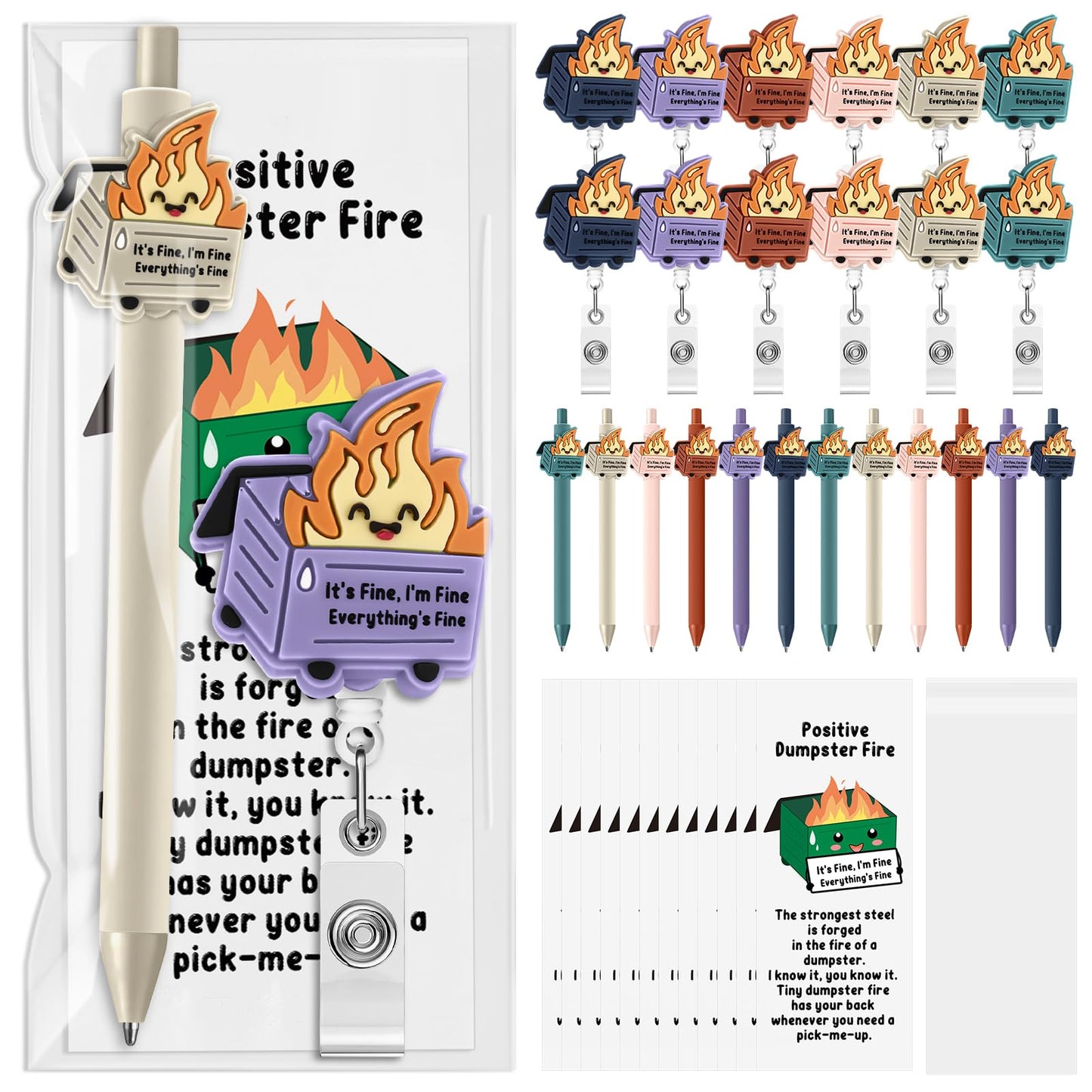 Sayglossy 12 Set Employee Appreciation Gift Bulk Dumpster Fire Badge Reel Funny Ballpoint Pen Saying Dumpster Fire ID Card Holder Thank You Card Emotional Social Worker Month Support Gift for Nurse