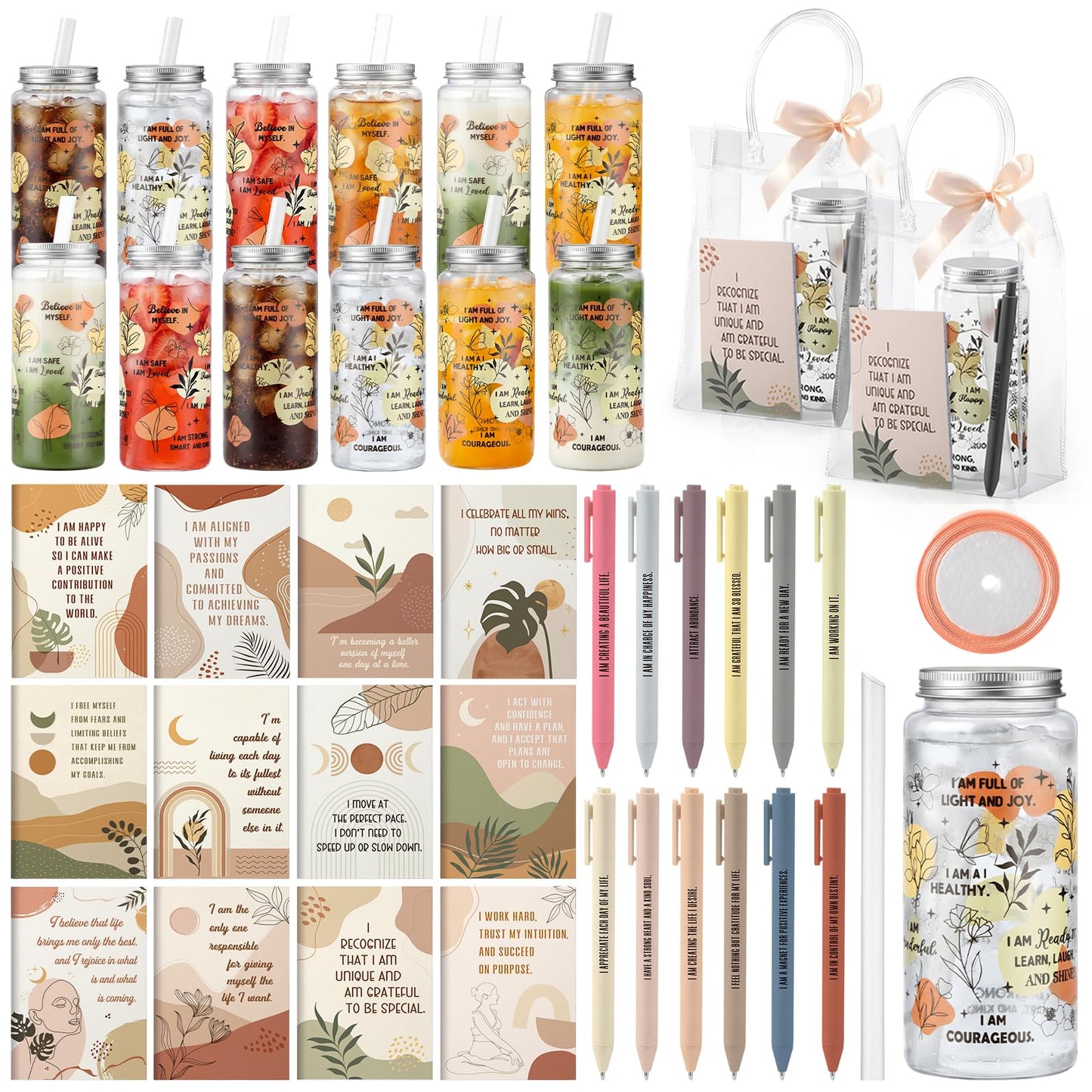 Kosiz 36 Pcs Boho Positive Affirmation Gift Set for Women, 12 Gratitude Notebooks 12 Plastic Cups with Lids Straws 12 Gift Bags, Mother's Day Thank You Gifts for Teachers Nurses Employee Coworker