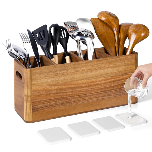 HousewoW Wooden Utensil Holder for Kitchen Counter, Cooking Utensils Holder for Countertop, Kitchen Utensils Holder for Countertop, Large Utensil Holder for Kitchen Counter (Brown, 4 Compartment)