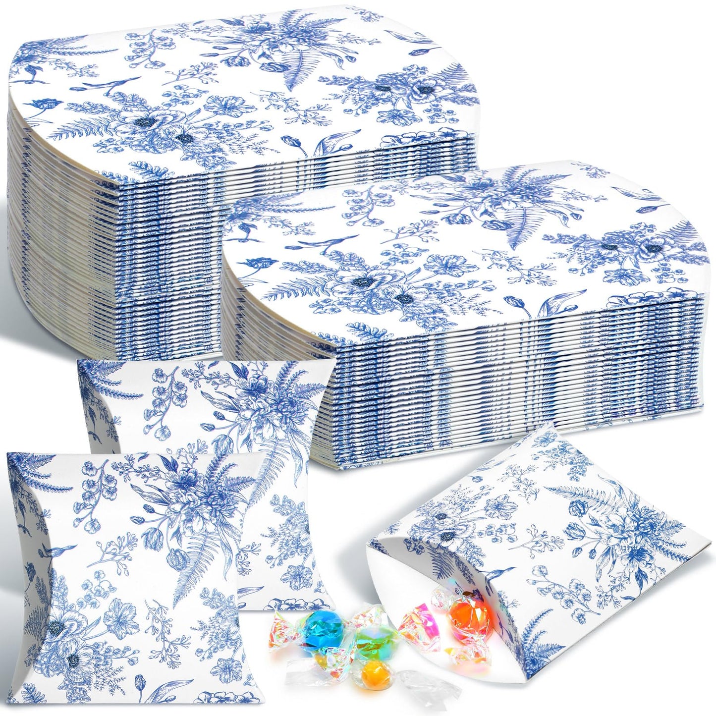 Moinchore 100 Pcs Blue Floral Pillow Boxes Kraft Paper Pillow Gift Boxes Candy Wedding Party Favors Blue Floral Candy Decor for Wedding Baby Bridal Shower Birthday Party Supplies