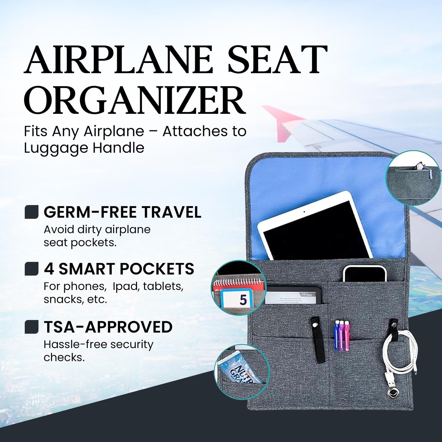 SO~MINE Airplane Pocket Organizer | Tray Table Cover | In Flight Seat Back Organizer Bag | Commuter Essential Travel Bag | Media Pouch For Flying | Travel Gift | Attaches To Luggage | Charcoal/Cobalt