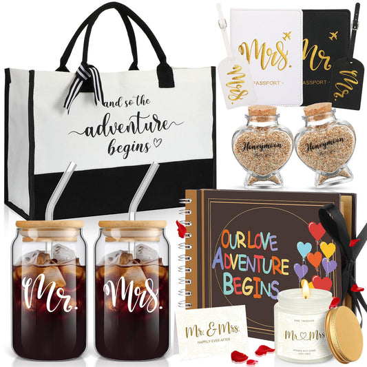 Singhoow 12 Pcs Wedding Honeymoon Gifts for Couple Mr Mrs Bridal Shower Engagement Gifts with Glass Adventure Book Scrapbook Passport Holder Baggage Tags Jar Tote Bag(Mr and Mrs)