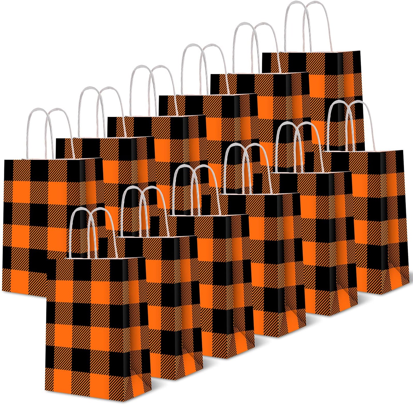 Whaline 20 Pieces Thanksgiving Fall Halloween Paper Bags Orange Black Buffalo Plaid Kraft Party Bags with Handle Party Favor Gift Bag Candy Treat Bag for Autumn Thanksgiving Halloween Wedding