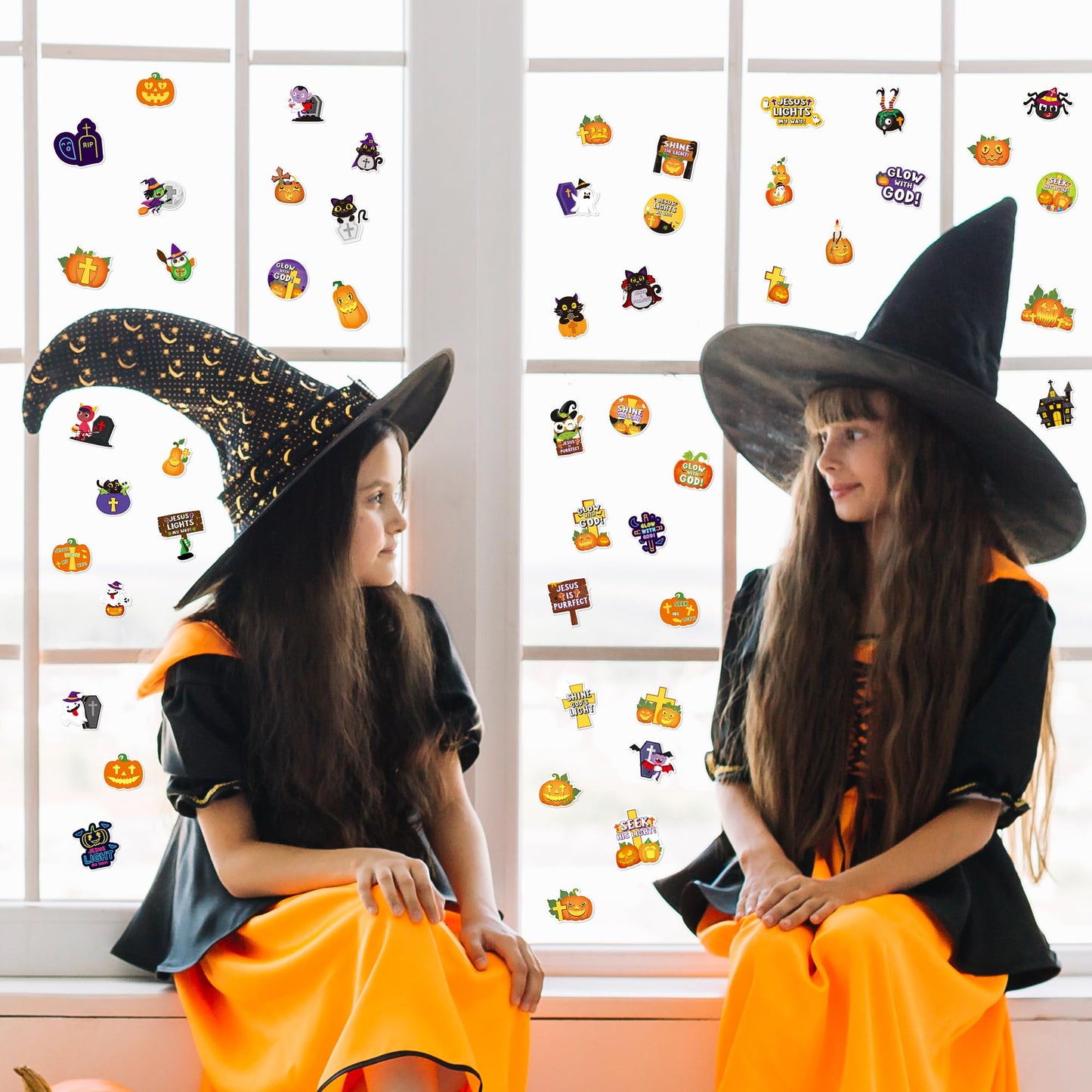 ANGOLIO 50Pcs Halloween Stickers for Kids, Cute Cartoon Pumpkins Witch Black Cat Christian Crosses Vinyl Waterproof Decals for Water Bottles Notebooks Laptop