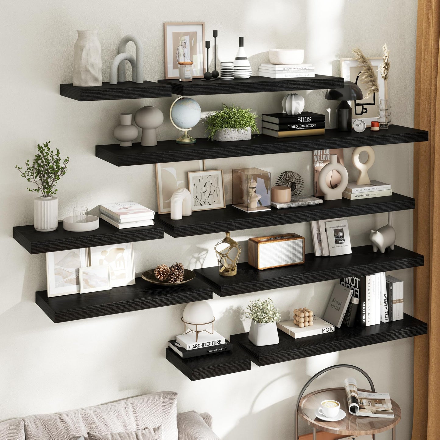 30 Inch Floating Shelves for Wall Set of 2, 12"D Wood Grain Bathroom Shelves with Invisible Brackets, Easy Install Engineered Wood Storage Shelves for Kitchen, Living Room, Bedroom, Black Finish
