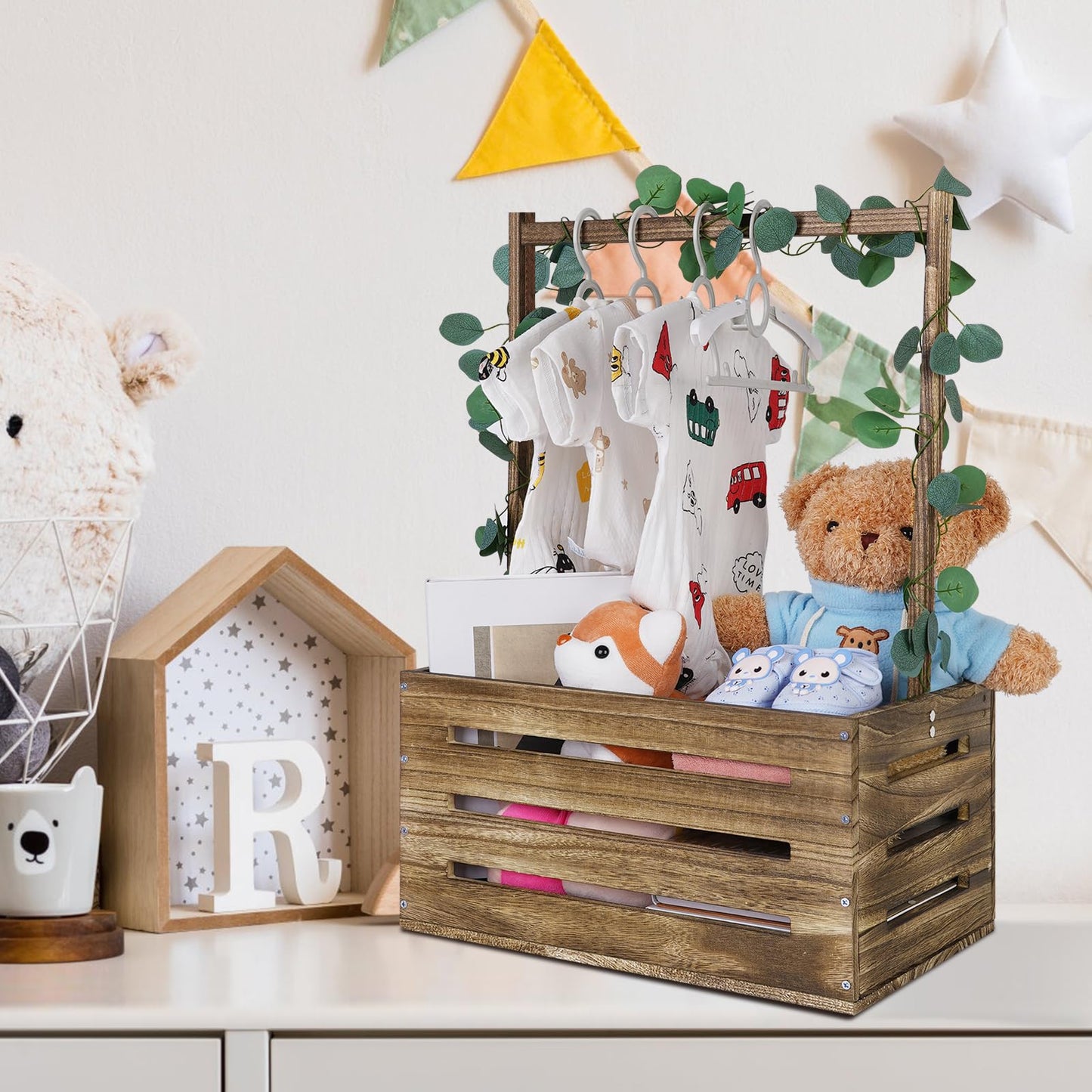 Snpwne Wooden Baby Shower Crate Closet, Baby Basket with Handle, Personalized Baby Gifts Basket, Storage Basket, Newborn Boy Girl Welcome Gift for New Mom Parents
