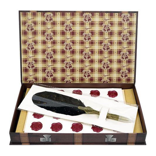 Conquest Journals Harry Potter Boxed Stationery Set, 20 Hogwarts Letterhead Stationery, 20 Corresponding Envelopes, 20 Wax Seals, Keepsake Travel Trunk Box, Feather Ballpoint Pen, Officially Licensed