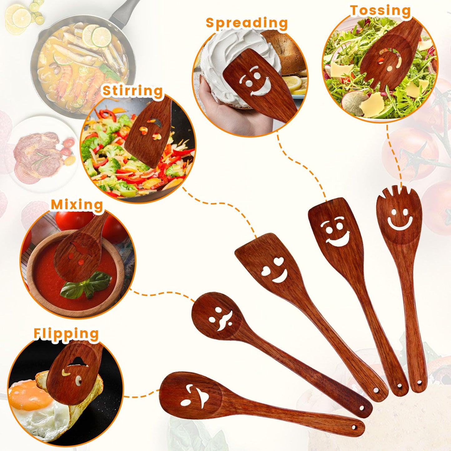 HANSGO 5PCS Wooden Cooking Spoons, Funny Wooden Utensil Set Wood Spatulas with Smile Faces Cute Kitchen Accessories, Best Cooking Gifts for Housewarming Wedding Holidays