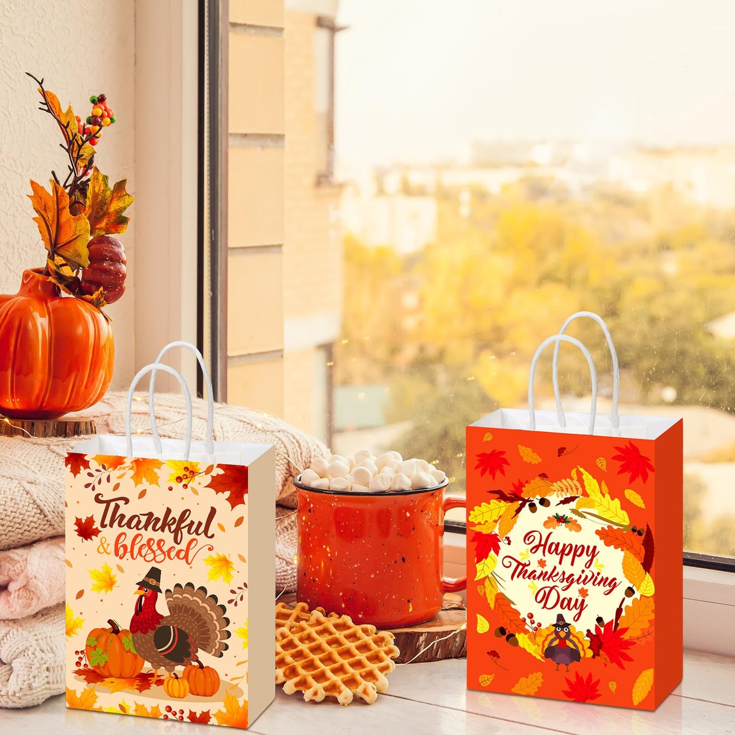 Qeeenar 36 Pcs Thanksgiving Gift Bags Fall Turkey Party Favors Pumpkin Turkey Goodie Candy Paper Bags with Handles Autumn Harvest Treat Pouch for Thanksgiving Party Decorations Supplies