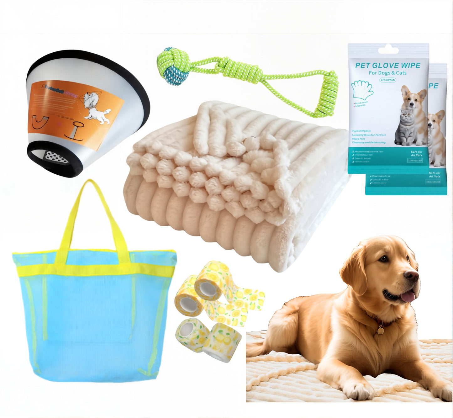 Lonsenbao 10 Pcs Surgery Recovery Kit for Dogs –Adjustable Dog Cone & Fluffy Dog Blanket (40''x60'') – Get Well Soon –Cleaning Wipes,Calming Toy, Bandages & Mesh Bag –Sympathy Gift for Pet (Blue-XL)