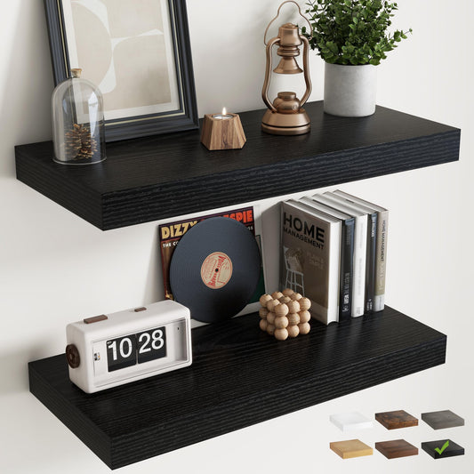 30 Inch Floating Shelves for Wall Set of 2, 12"D Wood Grain Bathroom Shelves with Invisible Brackets, Easy Install Engineered Wood Storage Shelves for Kitchen, Living Room, Bedroom, Black Finish