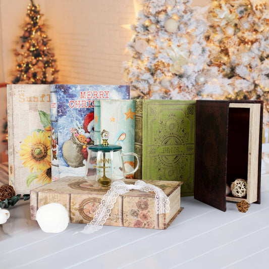 DROFELY Decorative Vintage Style Fake Book Flowers Pattern Faux Leather Embossed Victorian Book Storage Box 3-04