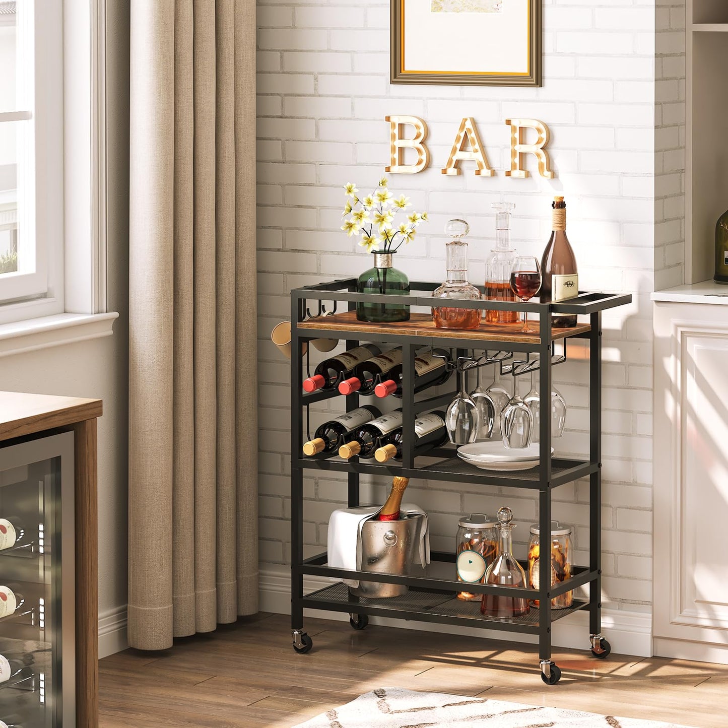 MAHANCRIS Bar Cart for Home and Bakers Rack with Power Outlet Bundle, Microwave Stand, RCHR6101-BRHR36E01