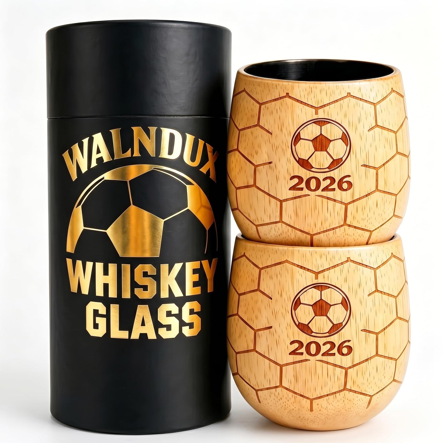 Charred Wooden Whiskey Glasses, 2026 Limited Edition Old Fashioned Glass Set, Unique Gifts for Men Who Love Soccer – for Dad, Brother, or Husband (2 Pack)