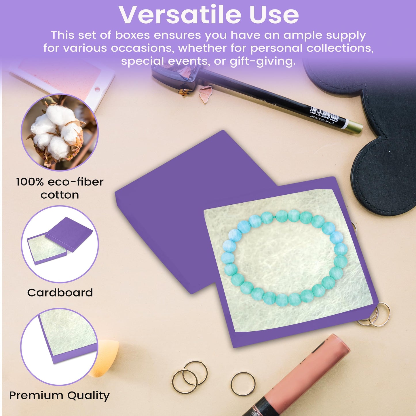 Novel Box 15 Pack Purple Jewelry Gift Box 3.5x3.5x0.87in with Cotton Filled | Cardboard Jewelry Box | Gift Boxes with Lids Made in USA | Boxes for Bracelet Necklace Ring Earrings.