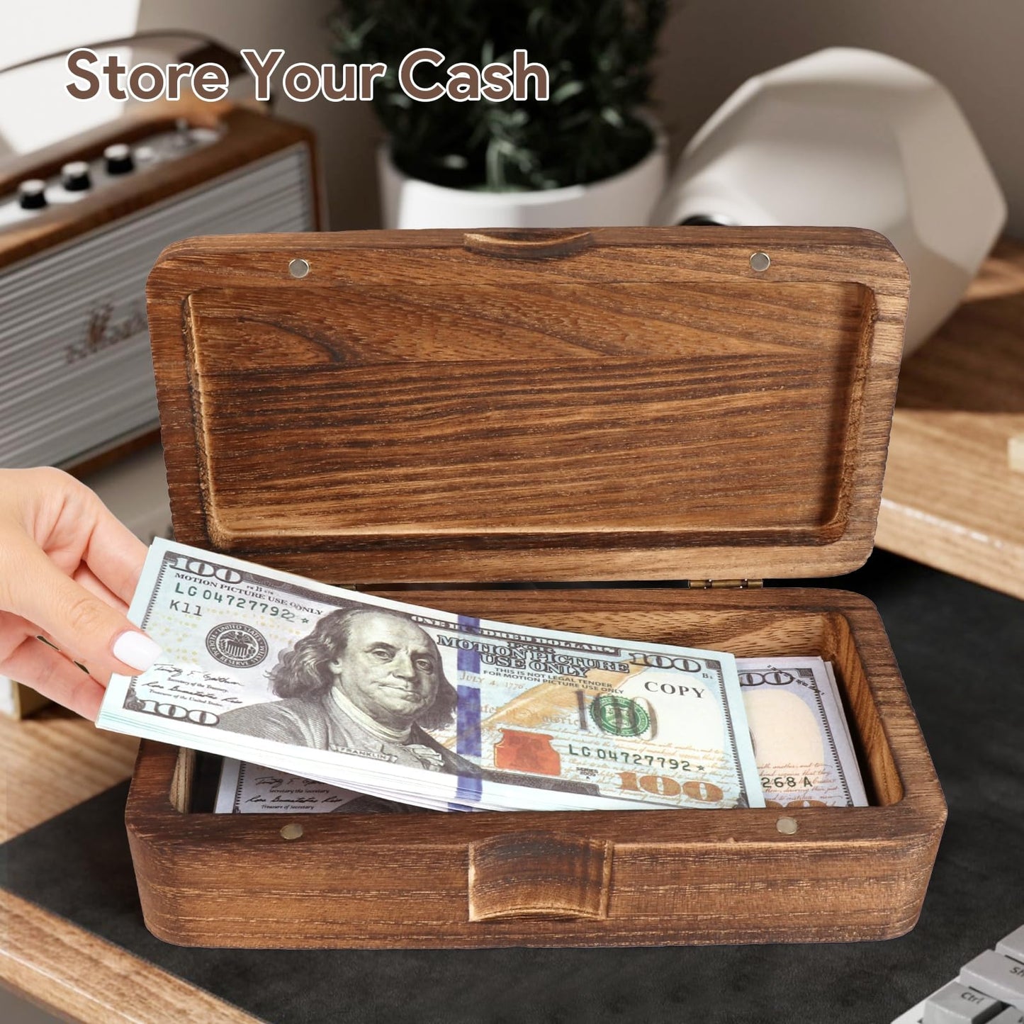 Mczxon Wooden Currency Money Cash Tray with Hinged Lid and Magnetic Closure, Vintage Single Compartment Cash Case Bank Organiser Storage Money Bill Currency Box Holder Container Moneyboxes