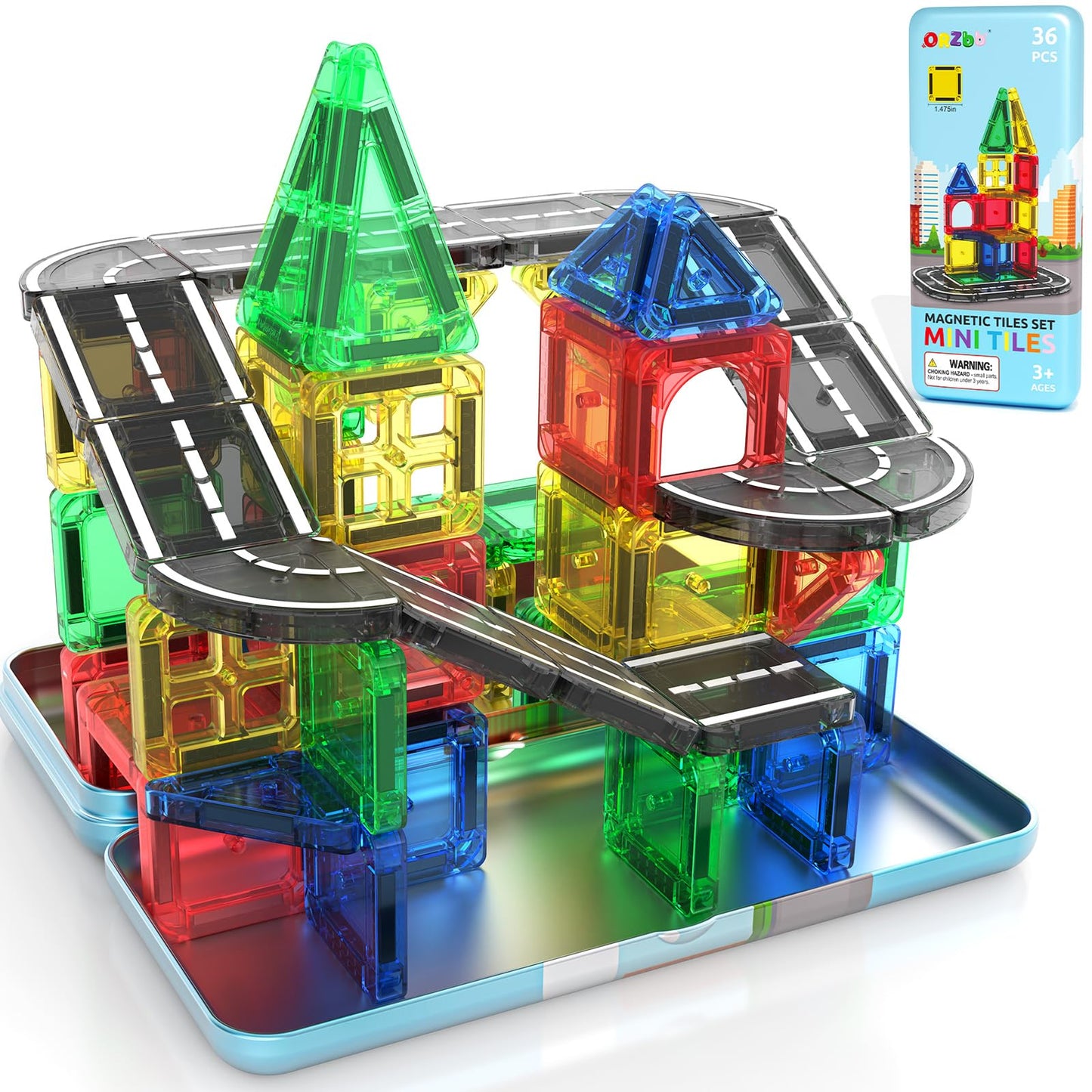 ORZbb Mini Magnetic Tiles Road with Case Toddler Travel Toys Trip Essentials Set, Magnetic Building Blocks Toys for 3 4 5+ Year Old Boys Girls Montessori Sensory Learning Easter Birthday Gifts
