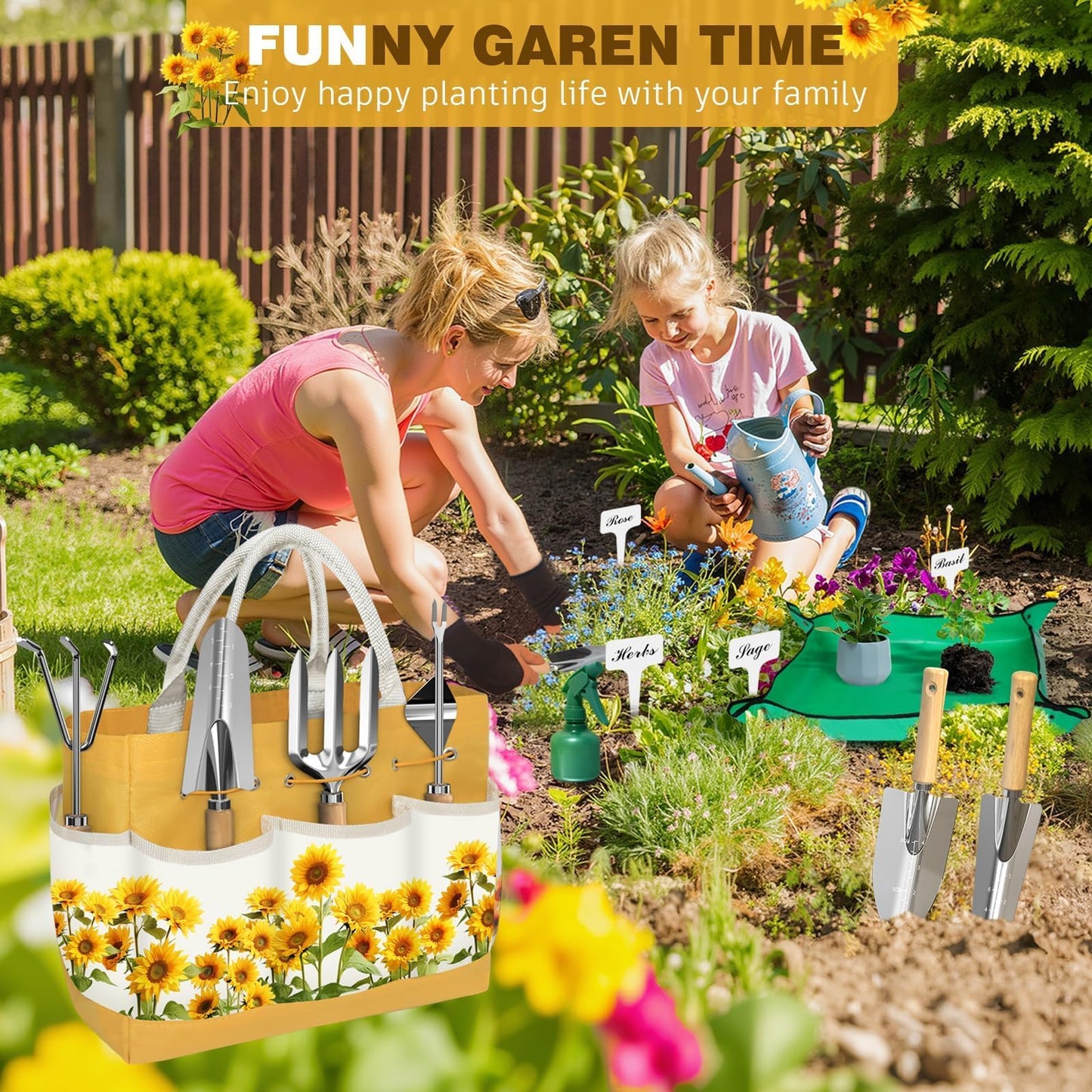 22Pcs Gardening Tools Set for Women Heavy Duty Garden Hand Tool Kit,Gifts for Mothers Day Mom Beginner Gardening Accessories with Sunflower Tote Bag/Shovel/RepottingMat/Plant Labels/Gloves-Yellow