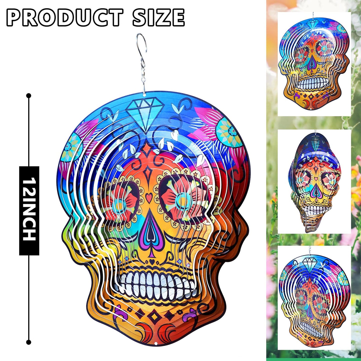 Goolyrusim Metal Wind Spinner - Sugar Skull Wind Spinners, Kinetic Hanging Wind Sculpture 3D Skeleton Wind Catcher for Yard and Garden Decoration Outdoor Decor, Unique Gifts for Halloween, Christmas