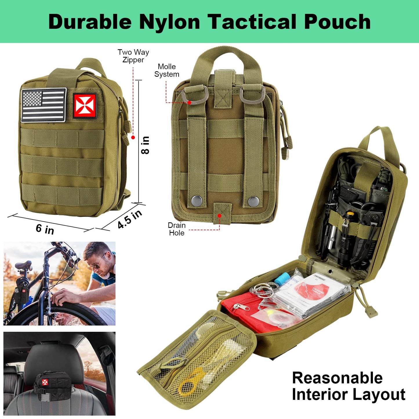 Survival Kit 256 in 1, First Aid Kit Survival Gear Tools Trauma Kit with Molle Pouch for Outdoor, Camping, Hunting, Hiking, Earthquake, Home, Office, Gifts for Men Dad Husband Women (Green)