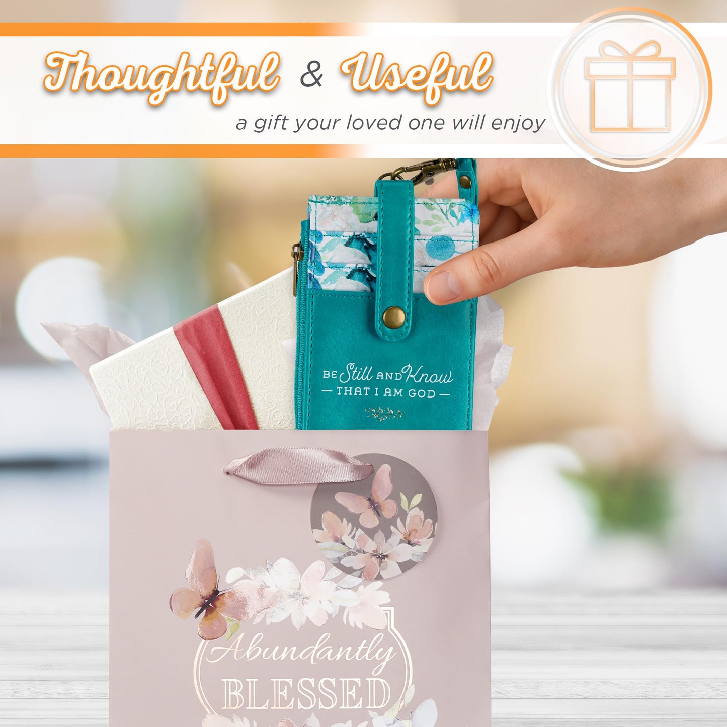 Christian Art Gifts Women's Slim Zipper ID Badge Card Holder: Be Still & Know - Psalm 46:10 Inspirational Bible Verse w/Detachable Neck Strap Lanyard, Coin Purse Pocket, Vegan Leather, Floral Teal