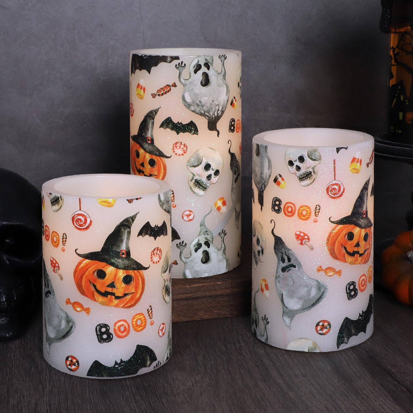 Halloween Ghost Flameless Candles with Remote Timer Cute Cartoon Pumpkin Skull Bat Battery Operated Real Wax Flickering LED Pillar Candle Horror Spooky Decoration for Halloween Home Party House Gifts