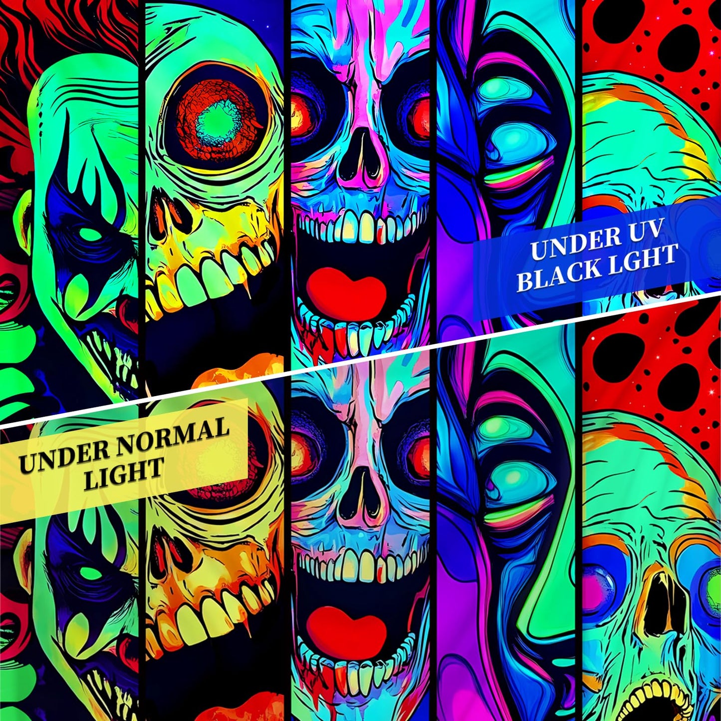 Apdidl Blacklight Halloween Horror Decor Tapestry for Bedroom, Black Light Posters Skull Face Scary Skeleton Funny Wall Art Tapestries，UV Reactive Glow in The Dark Party Wall Hanging for Living Room 51"X60"